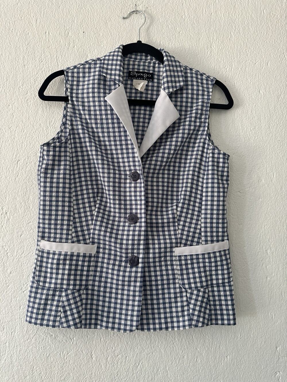 Spago Collection Blue White Gingham Sleeveless Blazer Vest Women's 6 Cottagecore